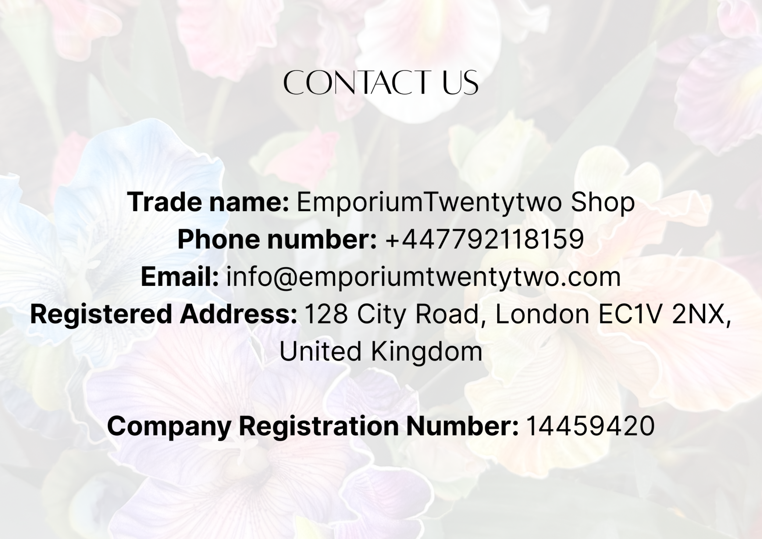 Contact information for EmporiumTwentytwo Shop on a light background with blurred flowers.